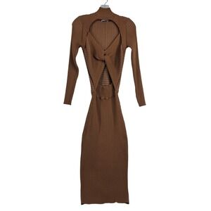 AMUR Ribbed Twist Front Cutout Midi Dress XS Brown Heavyweight Stretchy Boho